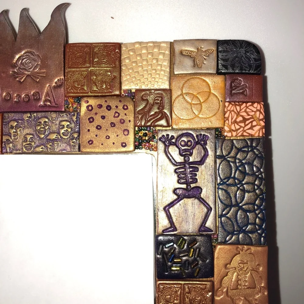 LA CORONA MIRROR Handmade Decorative Mixed Media Mosaic Tile Purple Terra Cotta